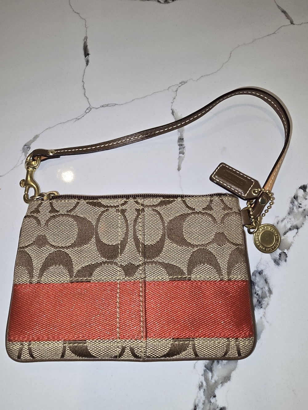 Coach Signature C Jacquard Wine Khaki Brown Satin Border Wristlet Zip  #40028 - Picture 2 of 4